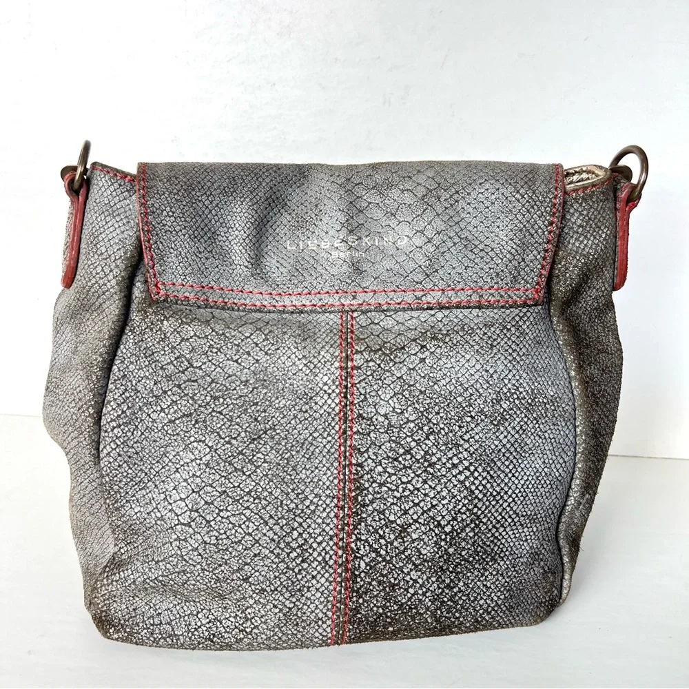 LIEBESKIND Berlin Gray Snake Print Leather Red Stitching Flap Shoulder Bag Tote